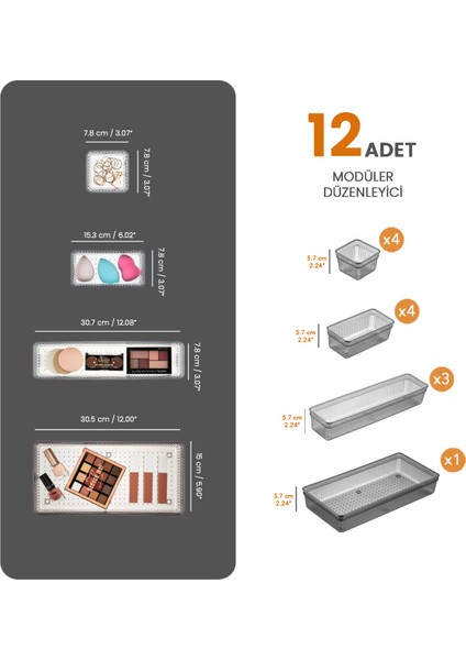 12'li Modüler Takı Makyaj Organizer - Banyo Çekmece Içi Düzenleyici Set Siyah