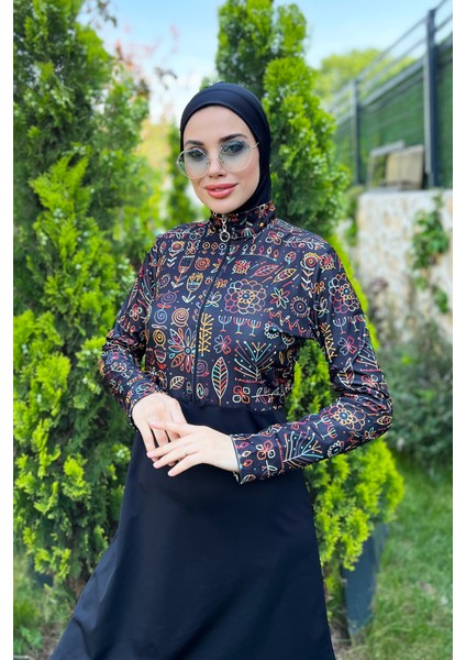 Yarım Fermuarlı Likralı Tam Kapalı Mayo 3lü Set R4507 Çiçek Tema