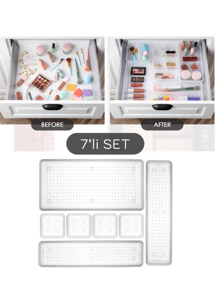 7 Parça Modüler Organizer Set - Kozmetik Aksesuar Düzenleyici Şeffaf