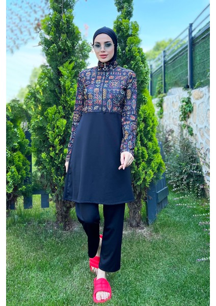 Yarım Fermuarlı Likralı Tam Kapalı Mayo 3lü Set R4507 Çiçek Tema modelleri
