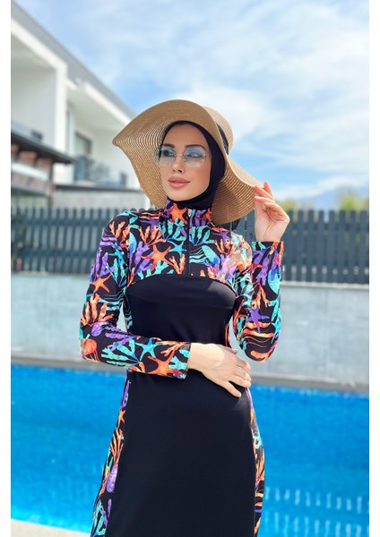 Fermuarlı Likralı Tam Kapalı Tesettür Mayo R077 Mercan