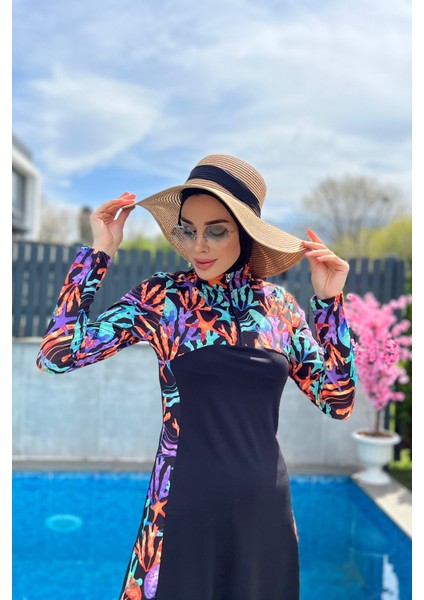 Fermuarlı Likralı Tam Kapalı Tesettür Mayo R077 Mercan