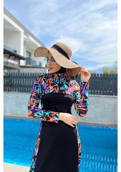 Fermuarlı Likralı Tam Kapalı Tesettür Mayo R077 Mercan