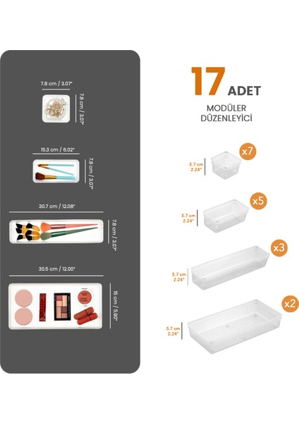 17 Parça Modüler Düzenleyici Kutu Seti - Banyo Kozmetik Aksesuar Organizer Şeffaf modelleri