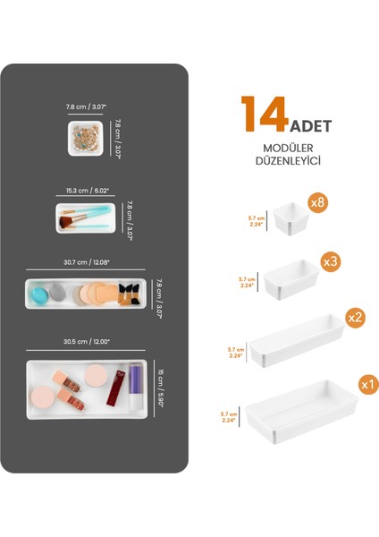 14 Parça Modüler Takı Aksesuar Düzenleyici Saklama Kutusu - Dolap Içi Masaüstü Organizer Beyaz