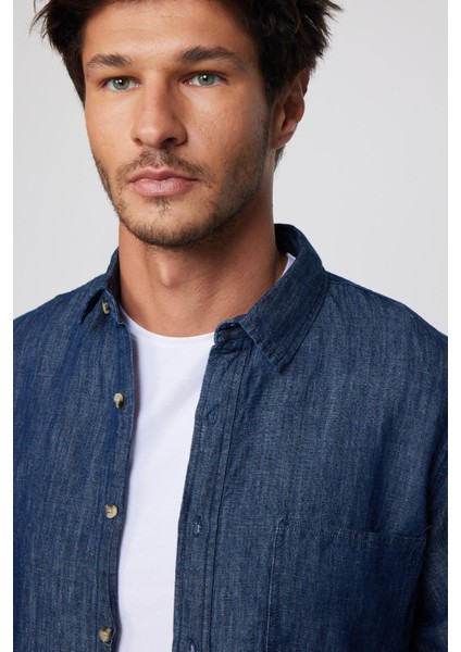 Slim Fit Uzun Kol Tek Cep Denim Lacivert Erkek Gömlek