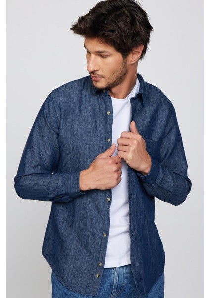 Slim Fit Uzun Kol Tek Cep Denim Lacivert Erkek Gömlek