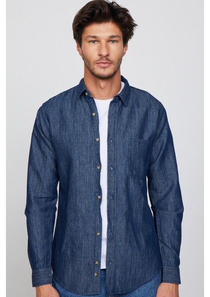 Slim Fit Uzun Kol Tek Cep Denim Lacivert Erkek Gömlek