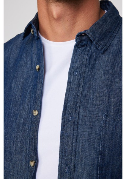 Slim Fit Uzun Kol Tek Cep Denim Lacivert Erkek Gömlek