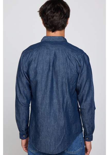Slim Fit Uzun Kol Tek Cep Denim Lacivert Erkek Gömlek