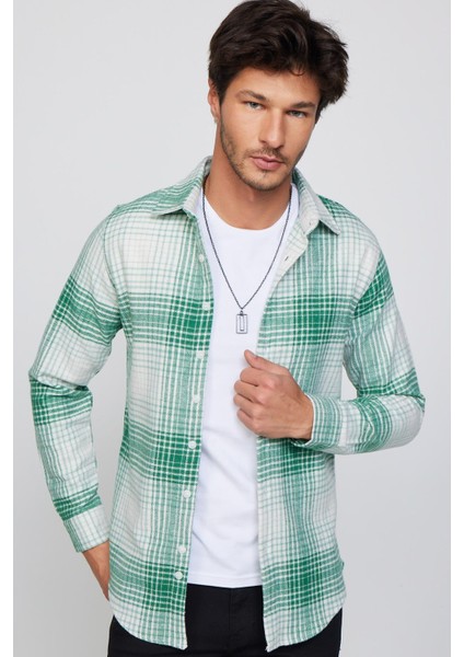 Slim Fit Dar Kesim Yeşil-Beyaz Kareli Oduncu Erkek Gömlek fiyatları