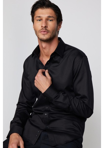 Modern Fit Pamuk Armürlü Premium Siyah Erkek Gömlek