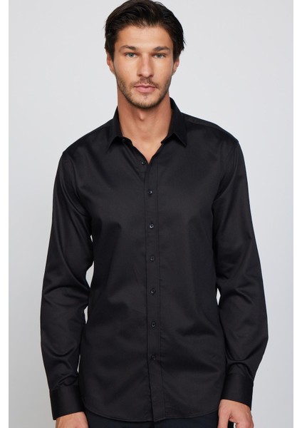 Modern Fit Pamuk Armürlü Premium Siyah Erkek Gömlek modelleri