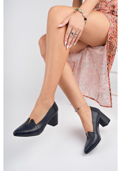 Hakiki Deri Lacivert Kadın Topuklu Deri Ayakkabı Shn-0955