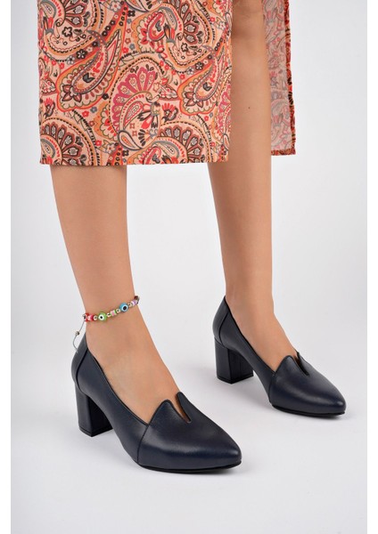 Hakiki Deri Lacivert Kadın Topuklu Deri Ayakkabı Shn-0955 fiyatları