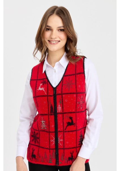 Kadın V Yaka Patchwork Yılbaşı Desenli Yelek Kırmızı