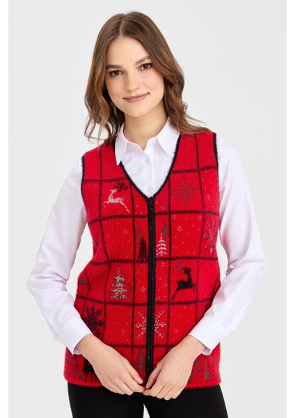 Kadın V Yaka Patchwork Yılbaşı Desenli Yelek Kırmızı fiyatları