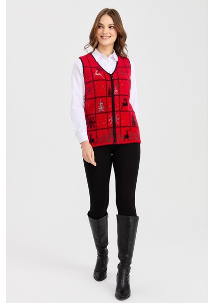 Kadın V Yaka Patchwork Yılbaşı Desenli Yelek Kırmızı modelleri