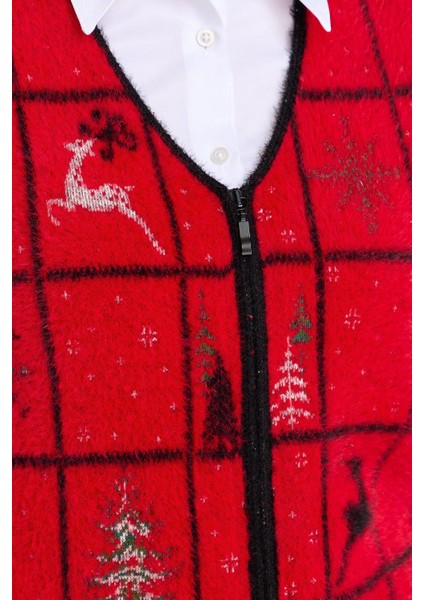 Kadın V Yaka Patchwork Yılbaşı Desenli Yelek Kırmızı fırsatları