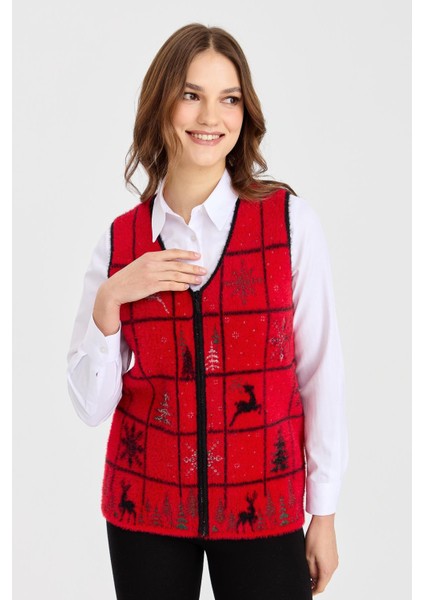 Kadın V Yaka Patchwork Yılbaşı Desenli Yelek Kırmızı indirimleri