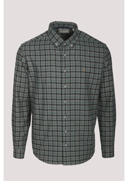 Erkek Gömlek Yeşil Uzun Kol Ekose Kareli Flanel Yün Tuşeli Slim Fit Düğmeli Yaka Shirt Ncs Jeans 7270
