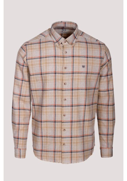 Erkek Gömlek Camel Uzun Kol Ekose Kareli Flanel Yün Tuşeli Slim Fit Düğmeli Yaka Shirt Ncs Jeans 7269