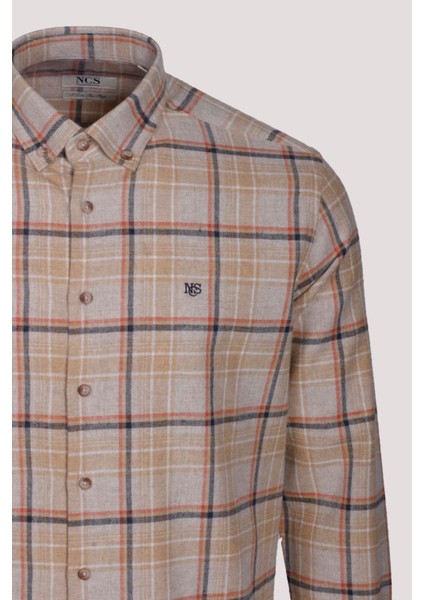 Erkek Gömlek Camel Uzun Kol Ekose Kareli Flanel Yün Tuşeli Slim Fit Düğmeli Yaka Shirt Ncs Jeans 7269