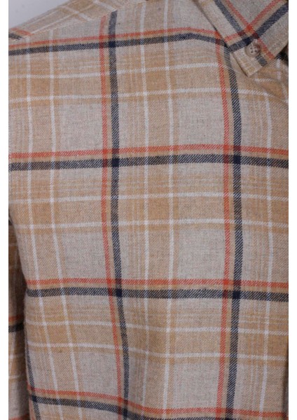 Erkek Gömlek Camel Uzun Kol Ekose Kareli Flanel Yün Tuşeli Slim Fit Düğmeli Yaka Shirt Ncs Jeans 7269