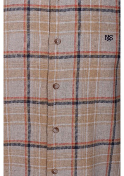 Erkek Gömlek Camel Uzun Kol Ekose Kareli Flanel Yün Tuşeli Slim Fit Düğmeli Yaka Shirt Ncs Jeans 7269