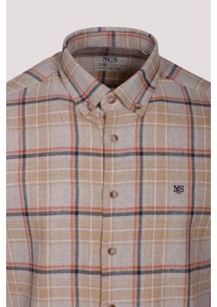 Erkek Gömlek Camel Uzun Kol Ekose Kareli Flanel Yün Tuşeli Slim Fit Düğmeli Yaka Shirt Ncs Jeans 7269