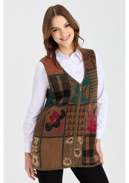 Kadın V Yaka Patchwork Yelek Haki fırsatları