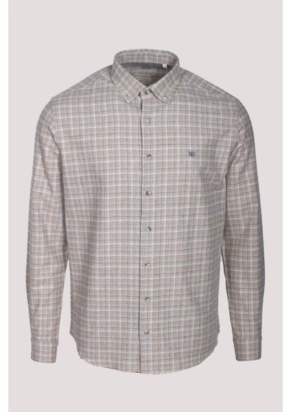 Erkek Gömlek Bej Uzun Kol Ekose Kareli Flanel Yün Tuşeli Slim Fit Düğmeli Yaka Shirt Ncs Jeans 7270