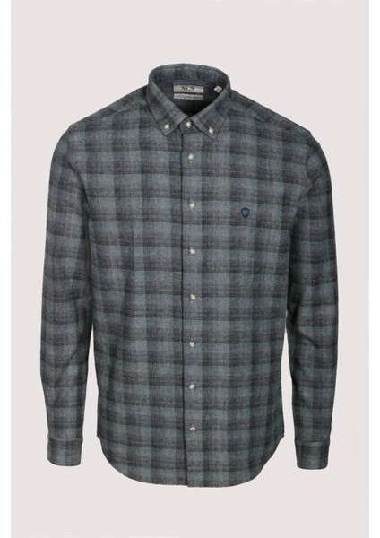 Erkek Gömlek Haki Uzun Kol Ekose Kareli Flanel Yün Tuşeli Slim Fit Düğmeli Yaka Shirt Ncs Jeans 7266