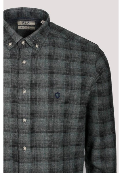 Erkek Gömlek Haki Uzun Kol Ekose Kareli Flanel Yün Tuşeli Slim Fit Düğmeli Yaka Shirt Ncs Jeans 7266