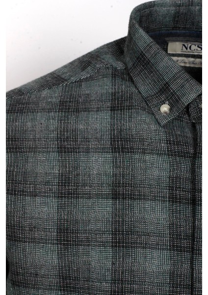 Erkek Gömlek Haki Uzun Kol Ekose Kareli Flanel Yün Tuşeli Slim Fit Düğmeli Yaka Shirt Ncs Jeans 7266