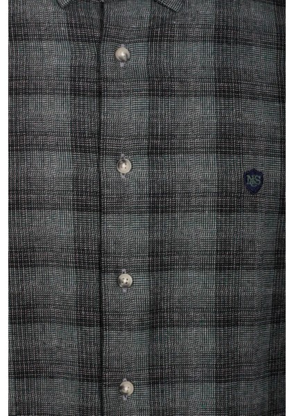 Erkek Gömlek Haki Uzun Kol Ekose Kareli Flanel Yün Tuşeli Slim Fit Düğmeli Yaka Shirt Ncs Jeans 7266