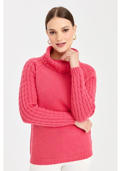 Kadın Degaje Yaka Kolu ve Yakası Saç Örgü Yün Kazak Y.ş.pembe fırsatları