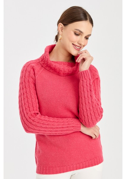 Kadın Degaje Yaka Kolu ve Yakası Saç Örgü Yün Kazak Y.ş.pembe indirimleri