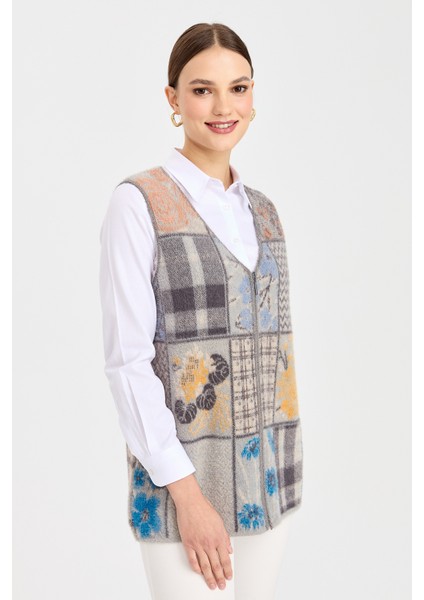 Kadın V Yaka Patchwork Yelek K.gri indirimleri