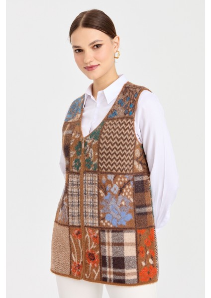 Kadın V Yaka Patchwork Yelek