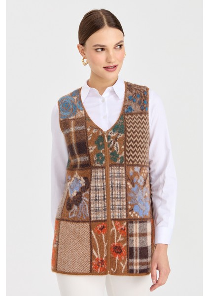 Kadın V Yaka Patchwork Yelek