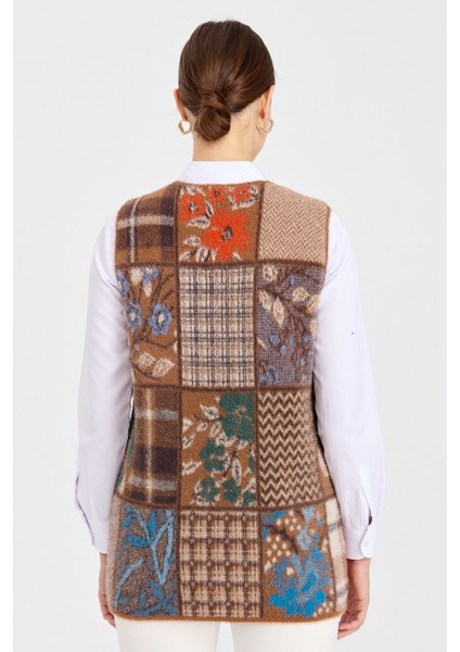 Kadın V Yaka Patchwork Yelek