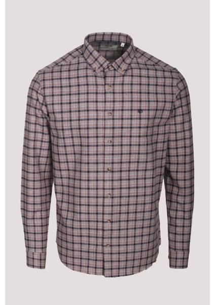 Erkek Gömlek Kiremit Uzun Kol Ekose Kareli Flanel Yün Tuşeli Slim Fit Düğmeli Yaka Shirt Ncs Jeans 7270