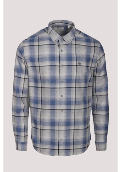 Erkek Gömlek Mavi Uzun Kol Ekose Kareli Flanel Yün Tuşeli Slim Fit Düğmeli Yaka Shirt Ncs Jeans 7269