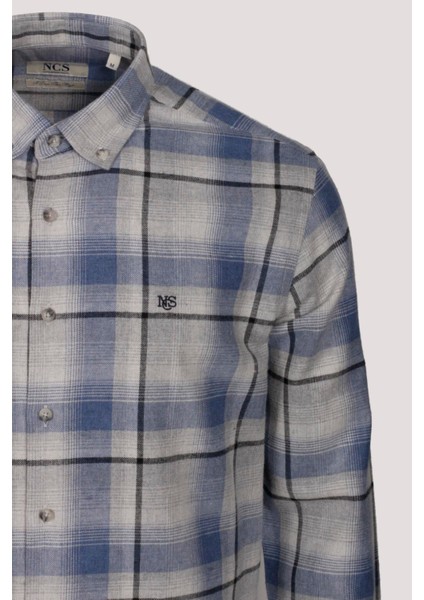 Erkek Gömlek Mavi Uzun Kol Ekose Kareli Flanel Yün Tuşeli Slim Fit Düğmeli Yaka Shirt Ncs Jeans 7269