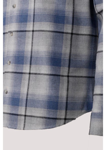 Erkek Gömlek Mavi Uzun Kol Ekose Kareli Flanel Yün Tuşeli Slim Fit Düğmeli Yaka Shirt Ncs Jeans 7269