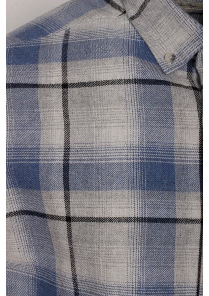 Erkek Gömlek Mavi Uzun Kol Ekose Kareli Flanel Yün Tuşeli Slim Fit Düğmeli Yaka Shirt Ncs Jeans 7269