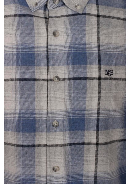 Erkek Gömlek Mavi Uzun Kol Ekose Kareli Flanel Yün Tuşeli Slim Fit Düğmeli Yaka Shirt Ncs Jeans 7269