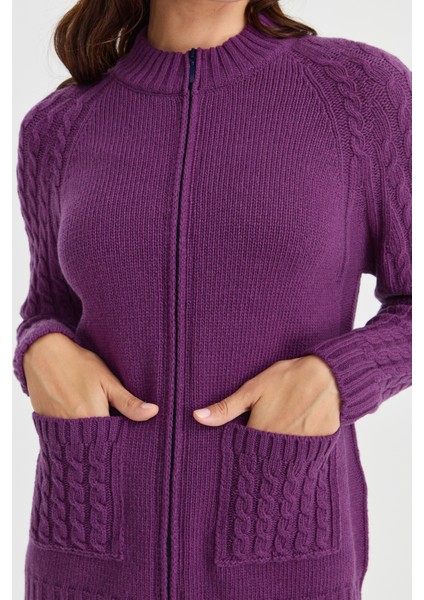 Kadın Dik Yaka Cebi ve Kolu Saç Örgü Yün Hırka A.mor fiyatları