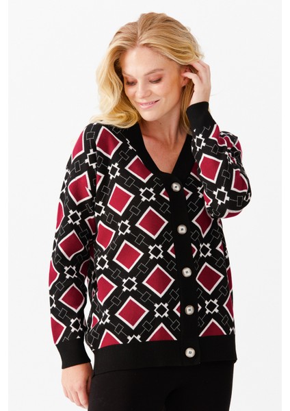 Kadın V Yaka Kare Desenli Hırka Siyah